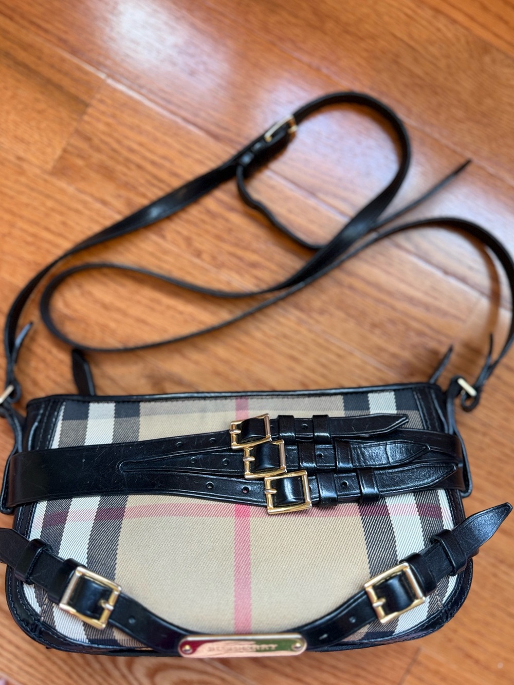 Burberry Beige Plaid Crossbody with Black Leather and Gold Hardware